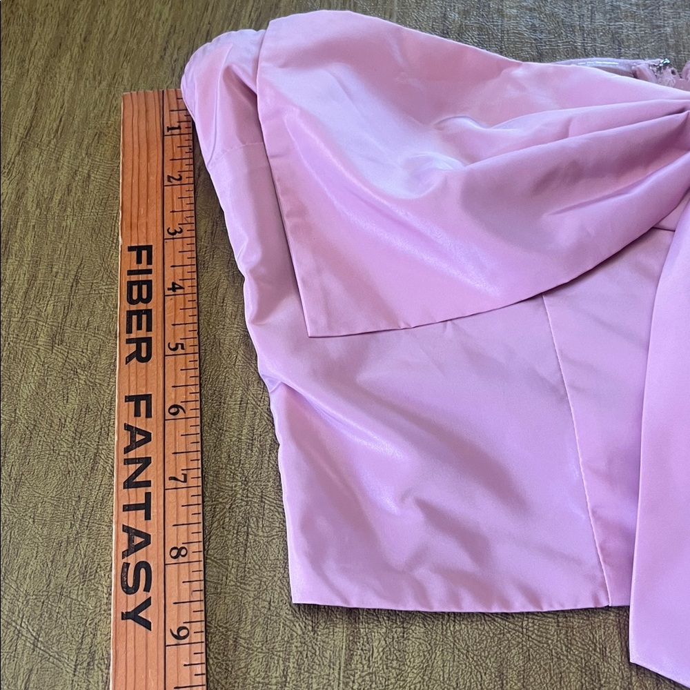 STAUD Dusty Pink Strapless Bow Crop Top, Satin Fabric, Stretchy Back, Sz L - Picture 3 of 11